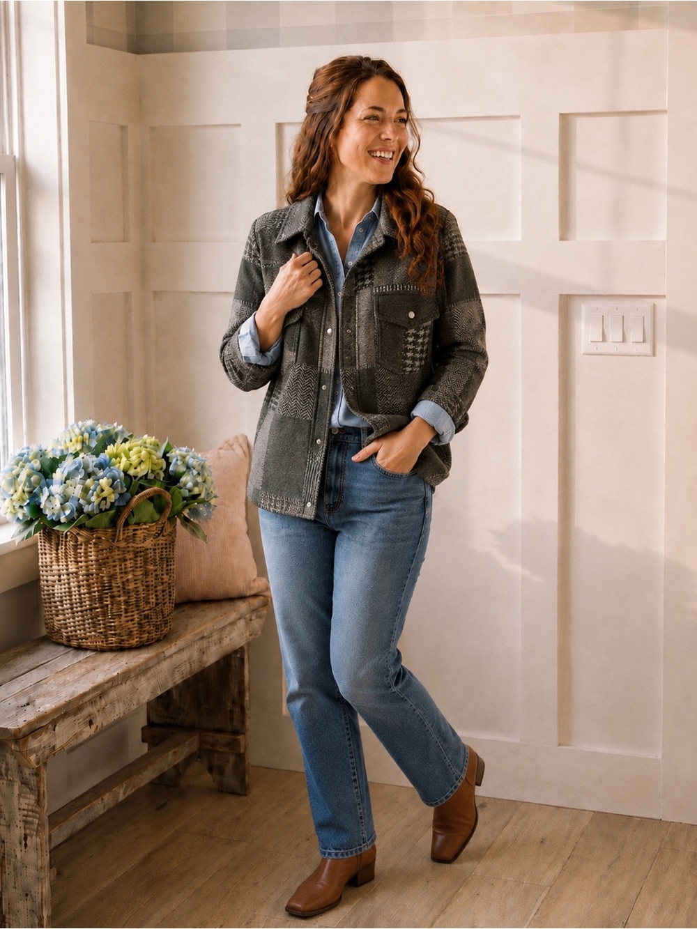 Women’s Patchwork Wool-Blend Jacket in Green Grey